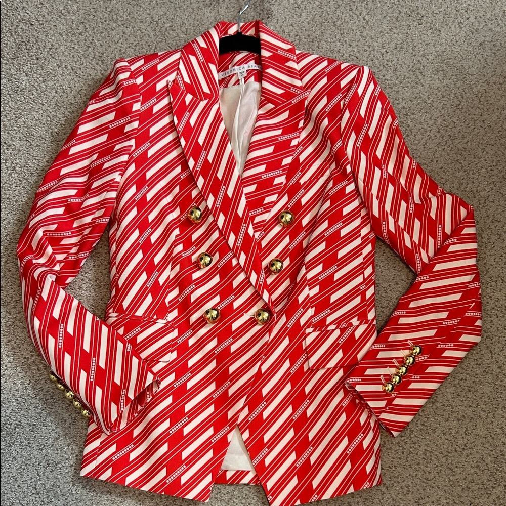 Veronica Beard Miller Chevron Stripe Blazer in Red White, 00